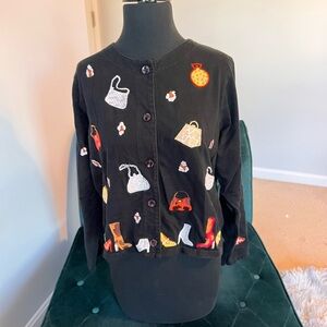 Michael Simon Lite Cardigan Top Vtg L Embroidered Purses Lightweight Black